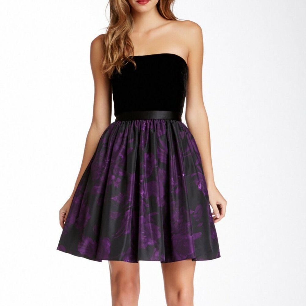 NWT Aidan Mattox Women's Silk Contrast Black Purple Strapless A-Line Dress 6